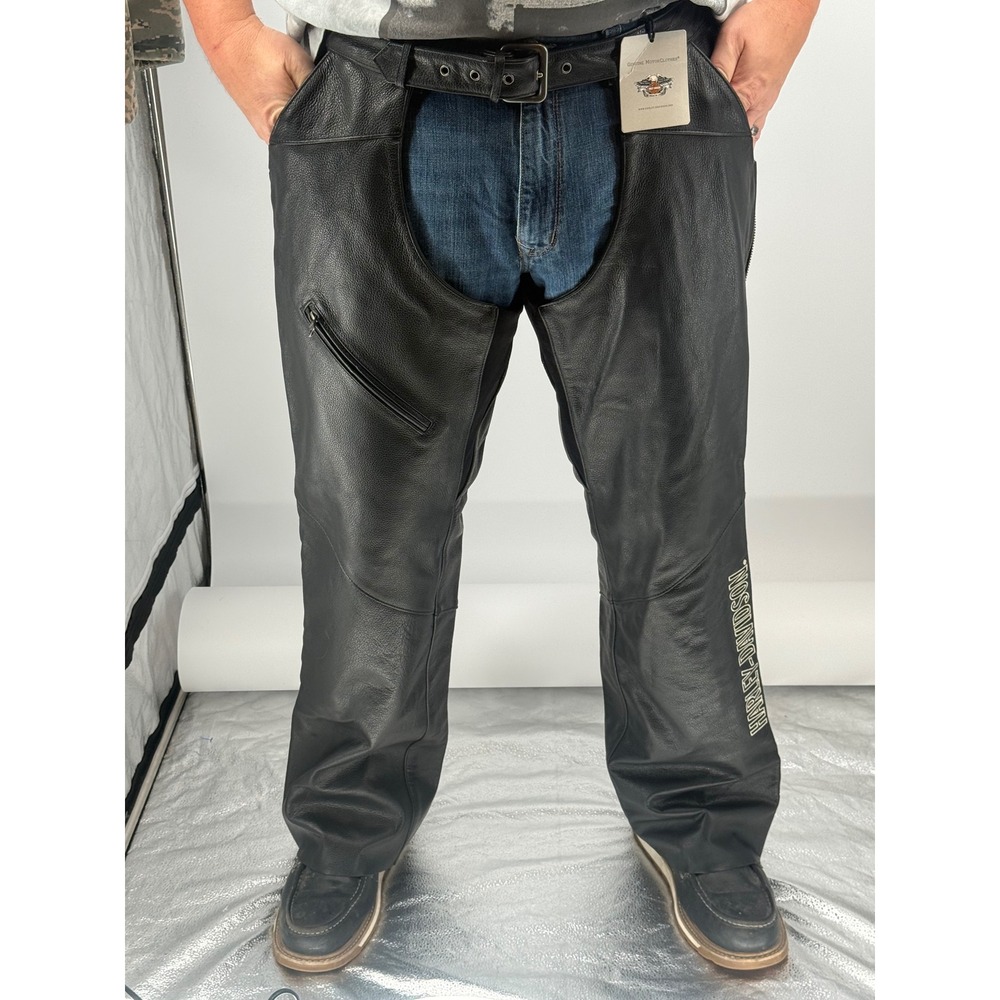 NWT Vintage Y2K Harley-Davidson Mens Deluxe Leather Riding Chaps Black Moto